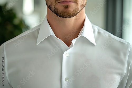 A man's neckline featuring a crisp white dress shirt with a classic collar and three visible buttons