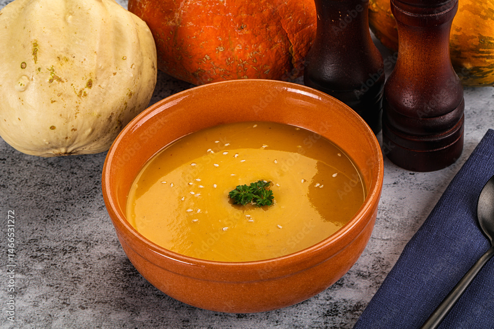 Vegan pumpkin cream soup served sesam