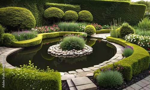 Serene Garden Pond with Lush Greenery and Stone Pathway