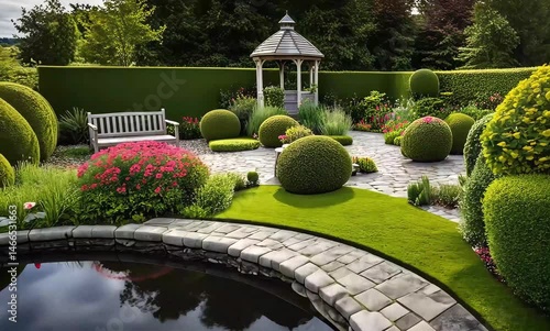 Gazebo, Topiary, Pond, and Lush Greenery in Peaceful Setting