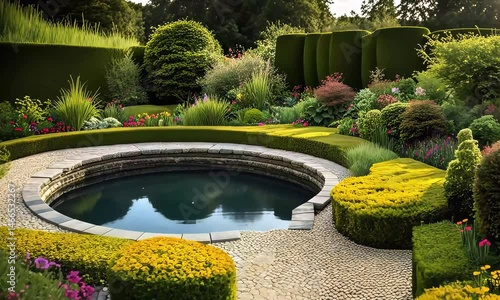 Serene Garden Pond,  Stonework, Lush Greenery, and Sculpted Hedges