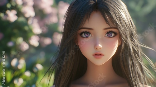 Anime Girl with Purple Eyes Stares Back at Viewer in Lush Floral Garden Dreamscape Artwork