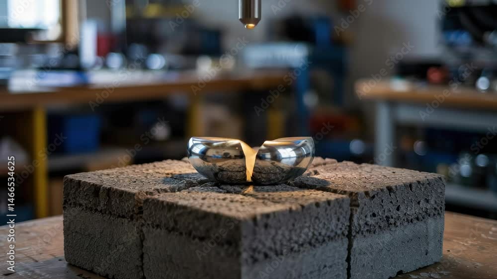 Mechanical testing device applies pressure metallic heart shape object resting porous blocks demonstrating consulting expertise material strength Mechanical testing device applies pressure metallic heart shape object resting porous blocks demonstrating consulting expertise material strength