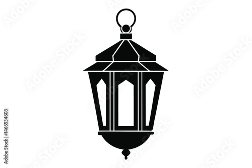 Black silhouette of a vintage style lantern on white conveys a rustic charm