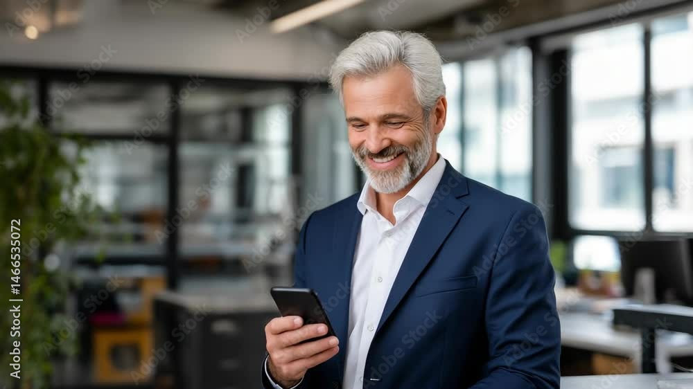 Smiling businessman using smartphone in modern office environment. Smiling businessman using smartphone in modern office environment.