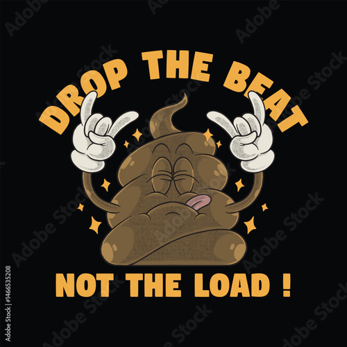 retro cartoon emblem of poop raising metal hand signs