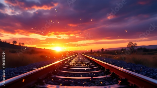Wallpaper Mural Railroad tracks glowing at sunset with flying sparks, creating a dramatic and cinematic atmosphere. Warm light and metal textures emphasize motion, journey, and industrial energy Torontodigital.ca