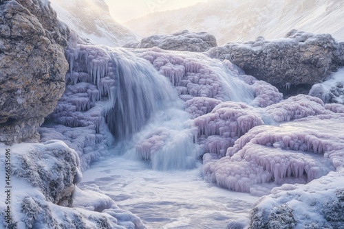 A mesmerizing frozen waterfall cascades over snow-covered rocks, creating a breathtaking winter wonderland.