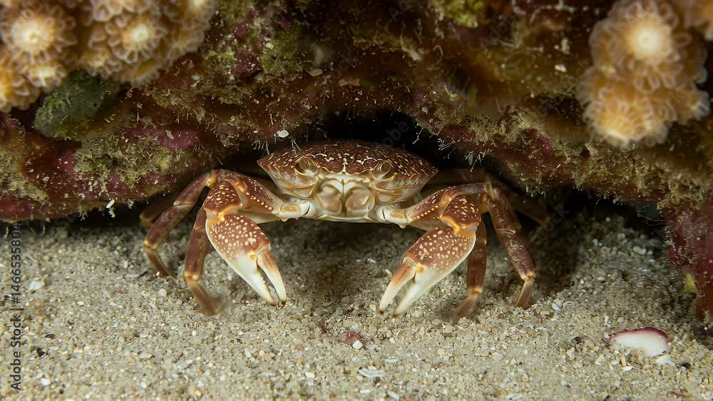 Crab Resting Under Coral Formation On Sandy Seabed Ocean Animal Crab Resting Under Coral Formation On Sandy Seabed Ocean Animal