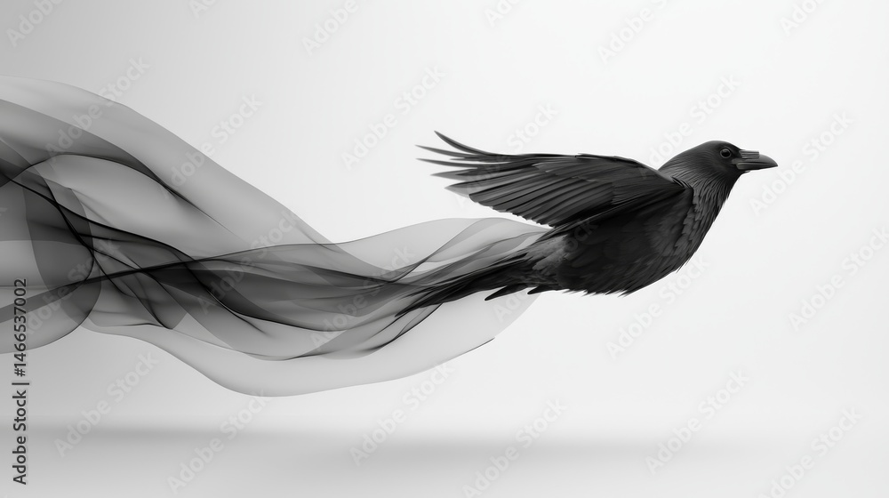 Fototapeta premium A graceful bird in motion, surrounded by flowing black smoke elements.