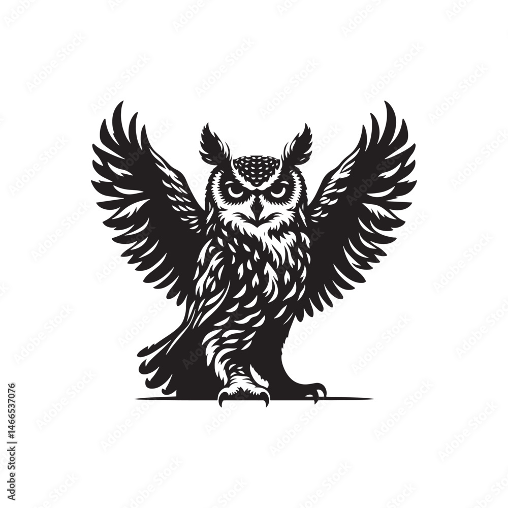 Obraz premium Great Horned Owl Bird Vector Silhouette, Majestic Nocturnal Bird, Owl Design, Powerful Avian Outline, Nature-Inspired Wildlife Art.