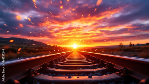 Wallpaper Mural Railroad tracks glowing at sunset with flying sparks, creating a dramatic and cinematic atmosphere. Warm light and metal textures emphasize motion, journey, and industrial energy Torontodigital.ca