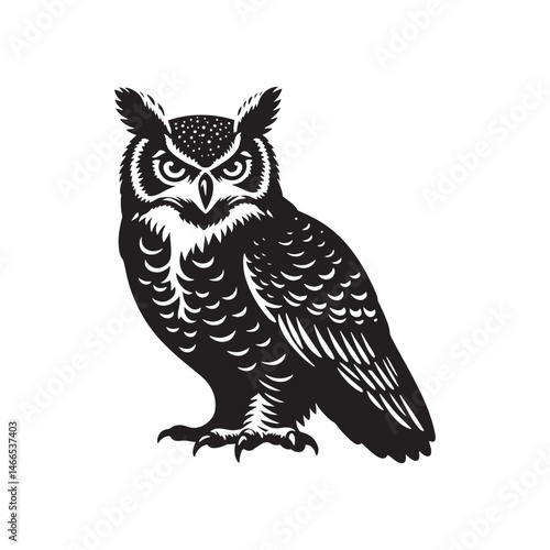 Great Horned Owl Bird Vector Silhouette, Majestic Nocturnal Bird, Owl Design, Powerful Avian Outline, Nature-Inspired Wildlife Art.