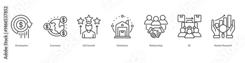 Economic Adaptation web banner icon sheet devaluation, economy, self growth, distributor, relationship, b2c, market research