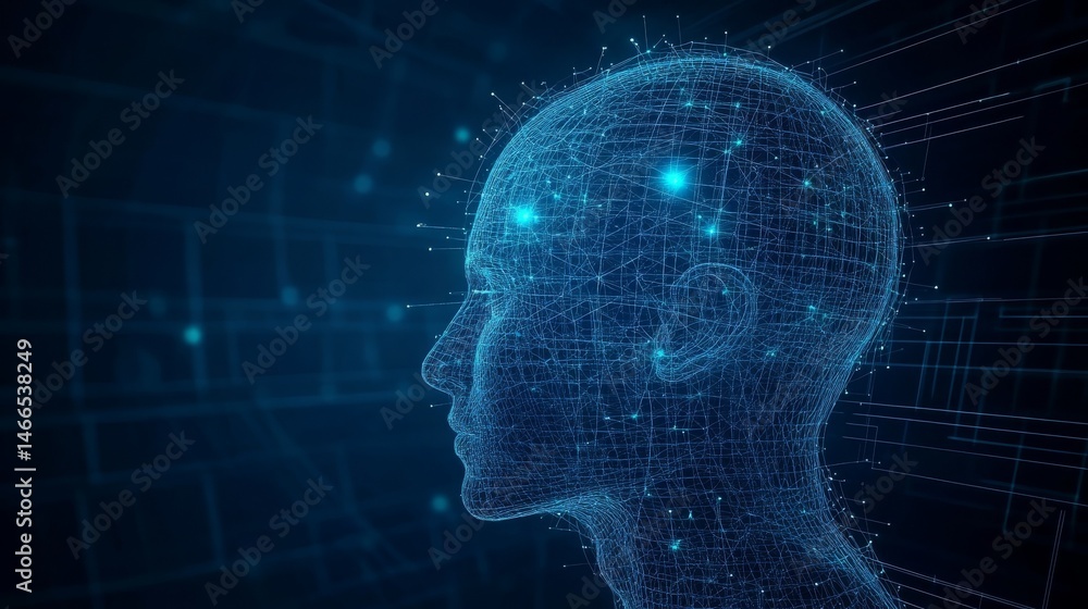 Obraz premium Abstract Digital Human Head Profile Wireframe Network Artificial Intelligence Concept