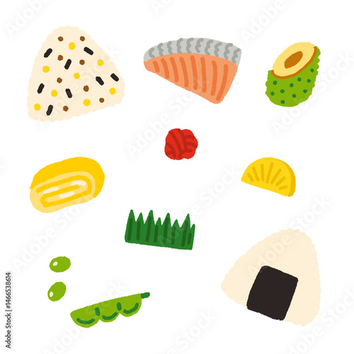 和風のお弁当　イラスト　アイコン　セット　かわいい　手書き