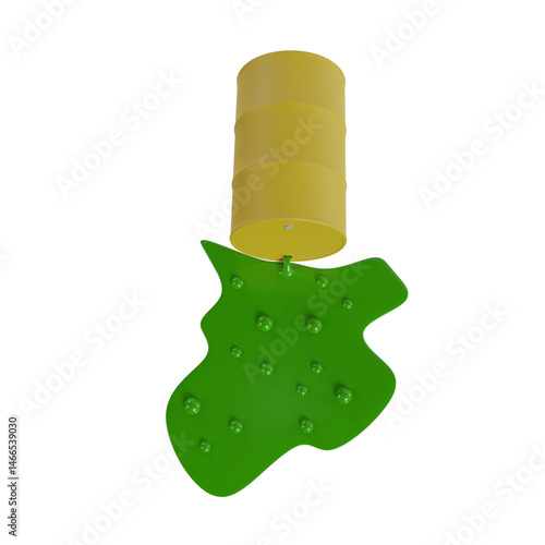 3d render of drum and green liquid. Illustration concept of spilled toxic waste endangering the environment and ecosystem.