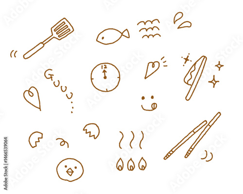 料理　落書き　シンプル　イラスト　アイコン　セット　かわいい