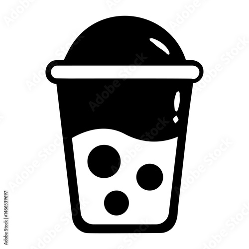 Black and white image of a cup with a straw and a lid. The cup is filled with a liquid