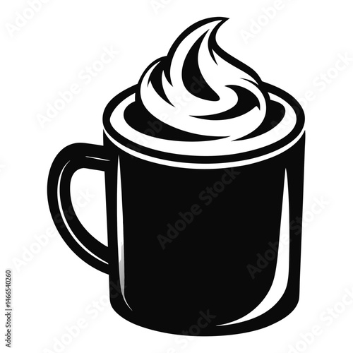 Stylized black mug topped with whipped cream offers a visually appealing treat