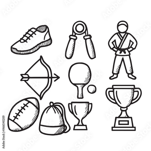 Hand Drawn Sports and Fitness Icons Collection in Black and White Line Style