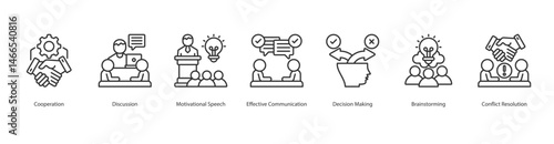 Collaborative Communication web banner icon sheet vector cooperation, discussion, motivational speech, effective communication, decision making, brainstorming, conflict resolution