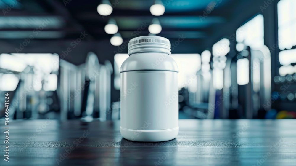 Fitness supplement container placed on a gym table symbolizes a commitment to health and wellness Fitness supplement container placed on a gym table symbolizes a commitment to health and wellness
