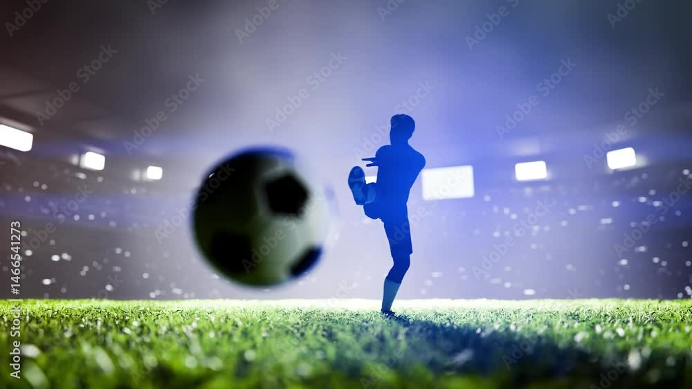 Silhouette of professional soccer player scoring a free kick with ball in illuminated stadium.