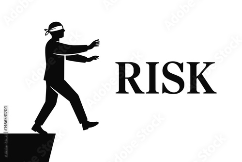 Blindfolded Person Walking Towards Risk on Black and White Background  