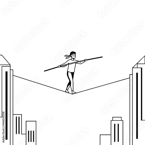 Tightrope walker balancing above city skyline  