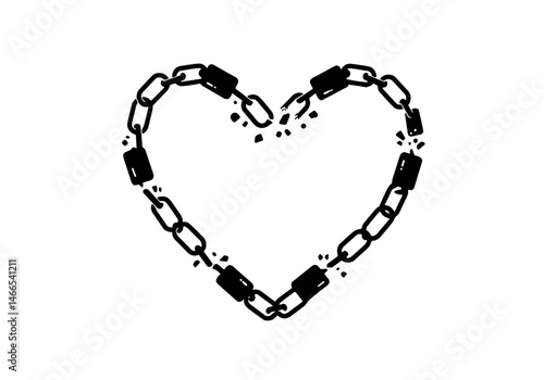 Broken heart made of chains in minimalist style  