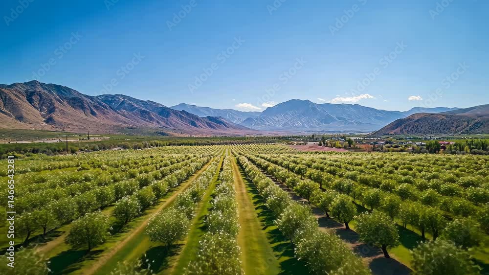 A vibrant orchard in full bloom under a clear blue sky A vibrant orchard in full bloom under a clear blue sky