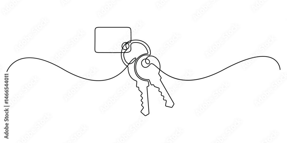 Obraz premium Single line drawing of a house with a key, Set of keys against white background, Continuous one line art drawing symbol of house keys, Real estate line icon vector design, Continuous one line key