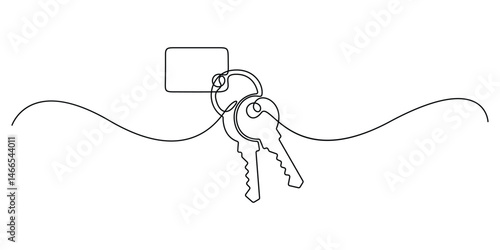 Single line drawing of a house with a key, Set of keys against white background, Continuous one line art drawing symbol of house keys, Real estate line icon vector design, Continuous one line key