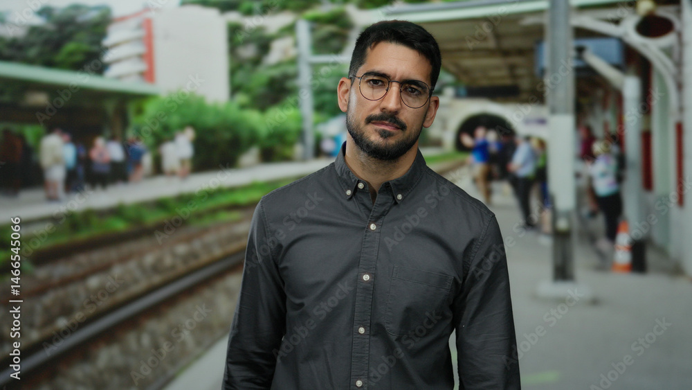 Young man standing confidently at bustling train station outdoor, demonstrating a sense of urban life and transportation. Young man standing confidently at bustling train station outdoor, demonstrating a sense of urban life and transportation.