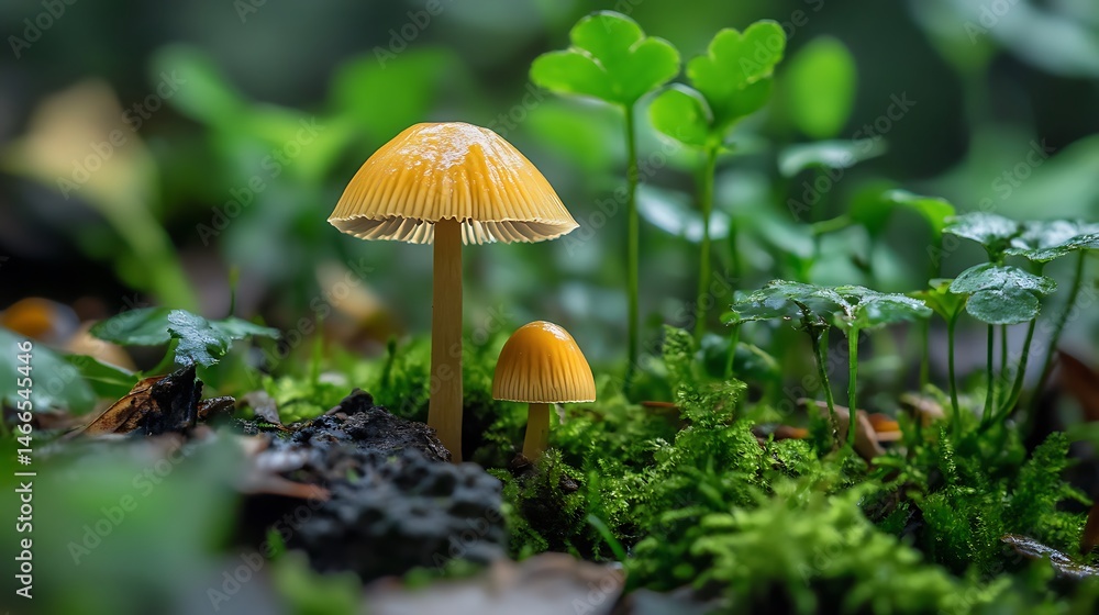 Forest Floor Mushrooms: Two yellow mushrooms amongst moss and lush greenery Forest Floor Mushrooms: Two yellow mushrooms amongst moss and lush greenery