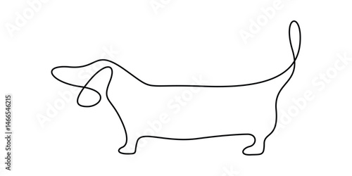 Continuous one line drawing of cute dachshund dog for logo identity. Purebred dog mascot concept for pedigree friendly pet icon. Modern single line draw design graphic vector illustration