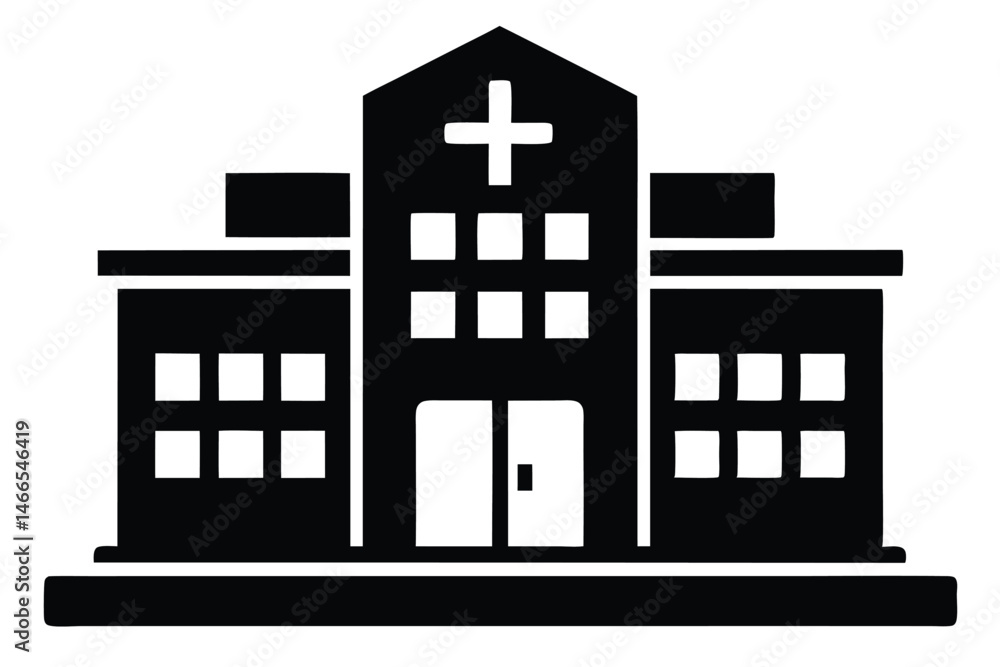 A flat, solid black icon reveals a front view of a hospital building A flat, solid black icon reveals a front view of a hospital building
