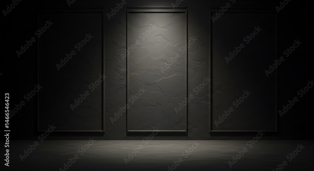 Dark ash grey stucco wall with spot light and shadow. Home decor, paneling wall detail Dark ash grey stucco wall with spot light and shadow. Home decor, paneling wall detail