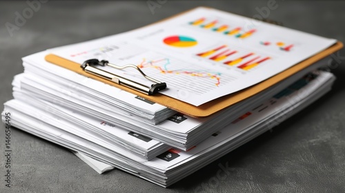 Wallpaper Mural Stack of Financial Reports with Charts and Graphs on Clipboard Against Gray Background – Business Analysis Concept Torontodigital.ca