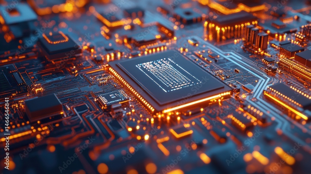 Obraz premium Advanced circuit board with glowing processor