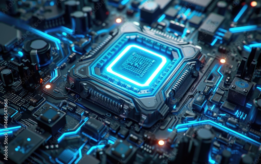 A close-up view of a futuristic central processing unit, glowing blue