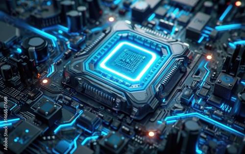 Obraz na płótnie A close-up view of a futuristic central processing unit, glowing blue w salonie