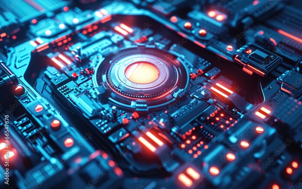 Futuristic technological circuit board with glowing red and blue lights.