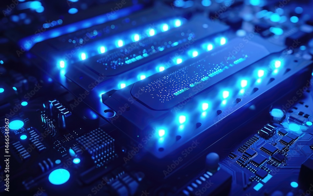 Illuminated Computer Memory Modules Close Up View