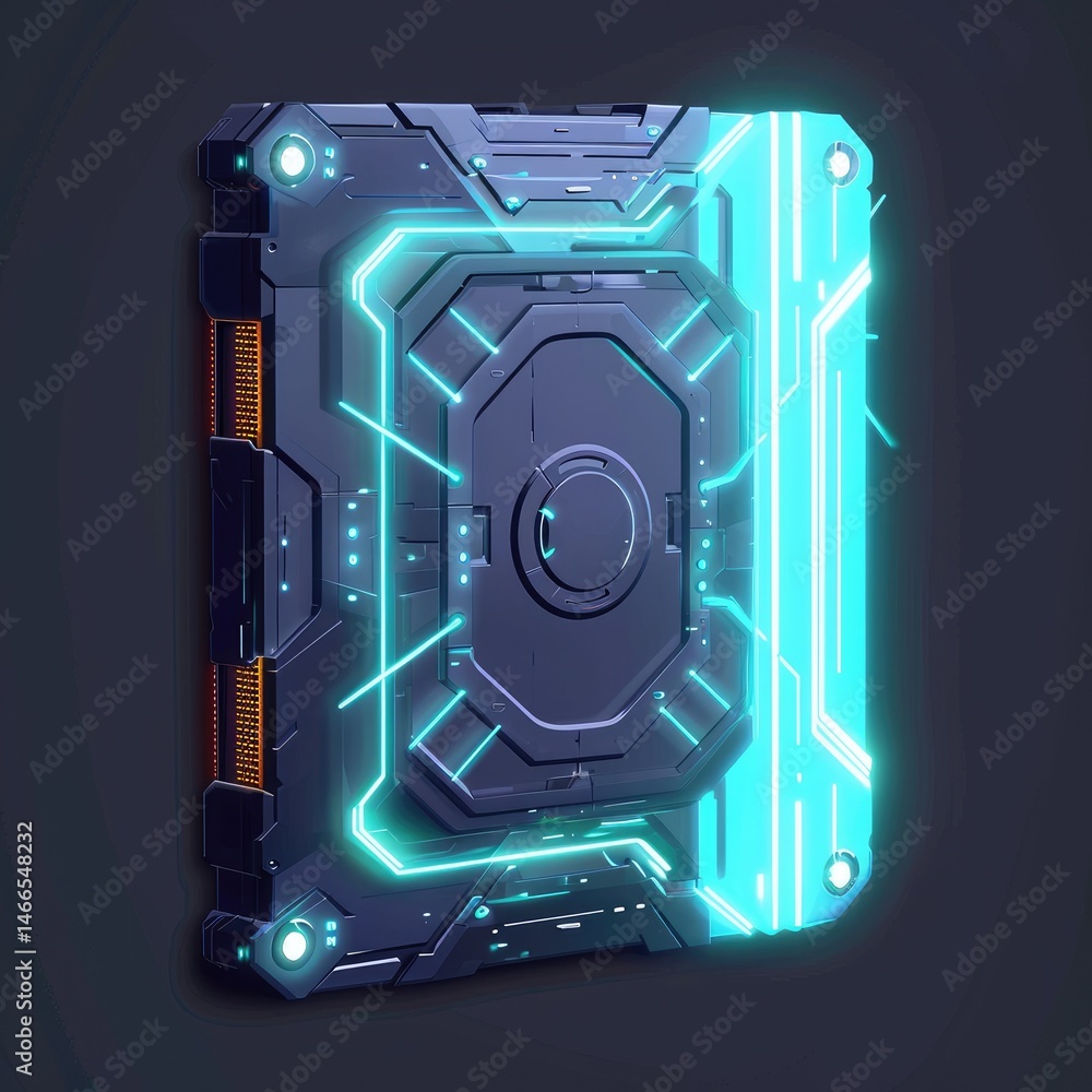 A dark gray metallic panel with bright teal neon lights outlining its futuristic design elements.