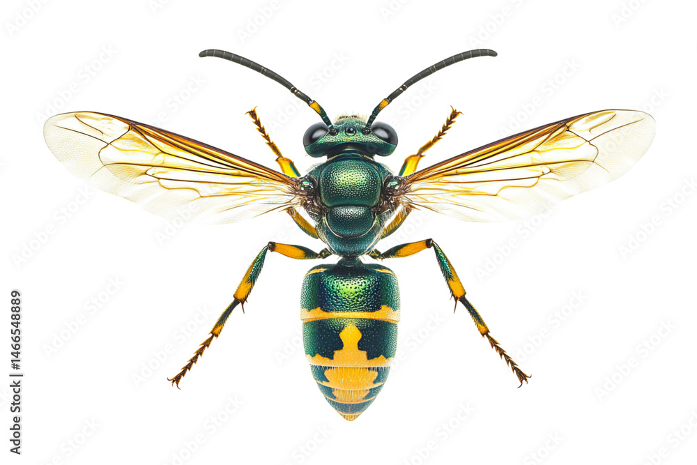 Fototapeta premium Close-up of a vibrant green and yellow insect on a transparent background.