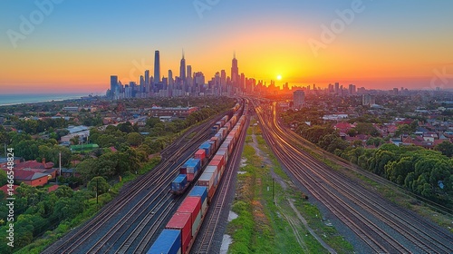 Vibrant Sunset Over Urban Skyline and Train Tracks in Chicago