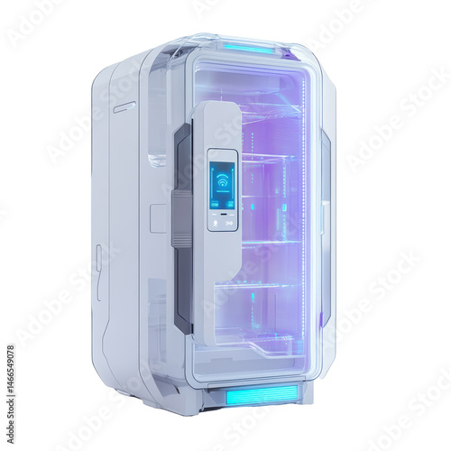 Futuristic refrigerator with glowing interface blending style and tech