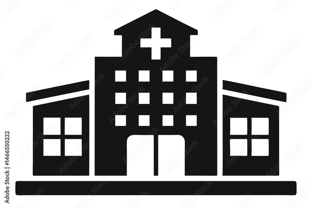 Isolated of the hospital building shows the entrance and several windows Isolated of the hospital building shows the entrance and several windows